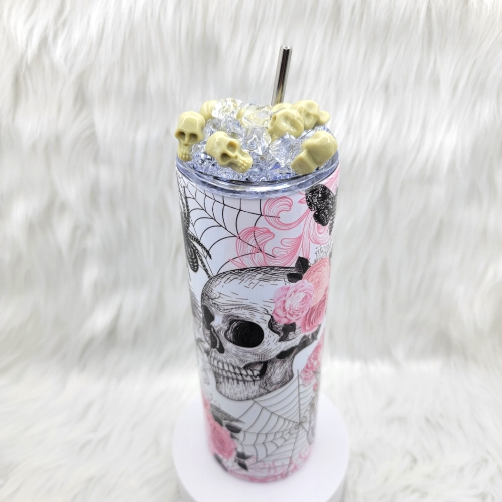Black gothic skull skinny tumbler drinking cup 20 Oz. with ice topper.